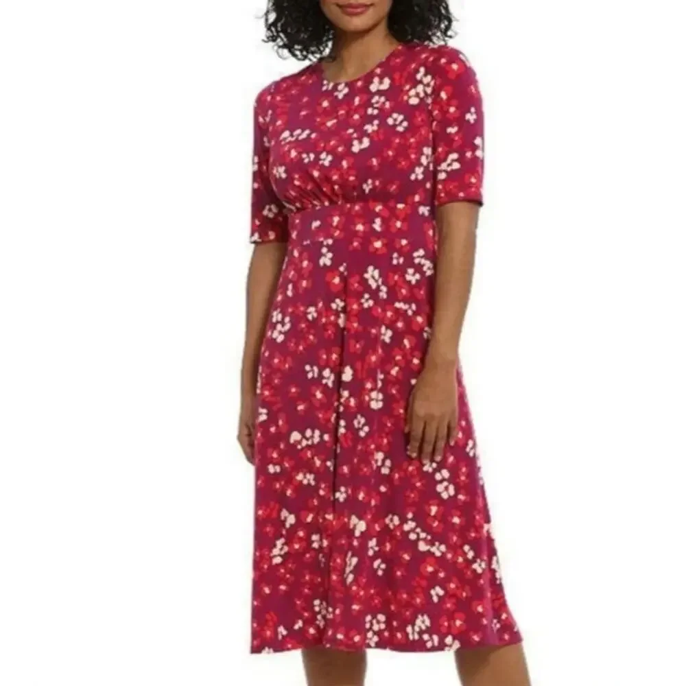 London Times Inset Waist Short Sleeve Midi Dress Berry/Coral NWT Size 10 - Picture 1 of 5